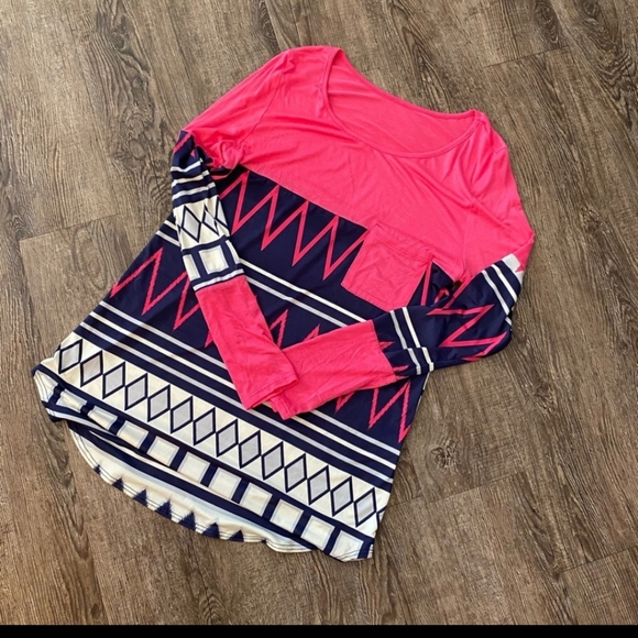 Tops - Long Sleeve Pink, Blue and White Patterned Shirt